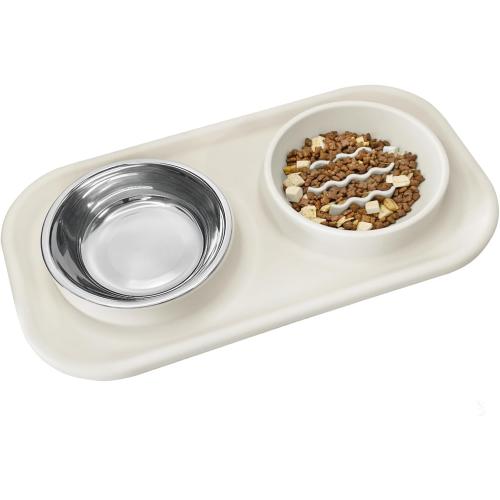 Waterproof Silicone Cat Food Bowls, Stainless Steel & Silicone Slow Feeder Double Bowls, Non-Skid & Non-Spill Raised Edge, Food and Water Feeder for Cat and Puppy