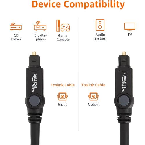 Amazon Basics Toslink Digital Optical Audio Fiber Optic Cable, Multi-Channel, for Sound Bar, Audio System, Home Theatre, Game Console, Blu-Ray Player, Gold-Plated Connectors, 6 Foot, Black