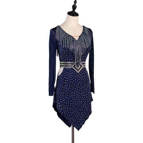 2XL V Neck Latin Competition Dresses Shiny Dancewear for Samba Rumba Women's Tube Beads Cha Cha Dancing Clothing