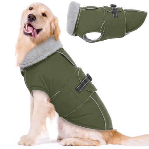 Lelepet Warm Dog Coat Reflective Fleece Vest Waterproof Dog Jacket with Adjustable Buckle Hook & Loop Windproof Cold Weather Coats for Dogs, Army Green, large