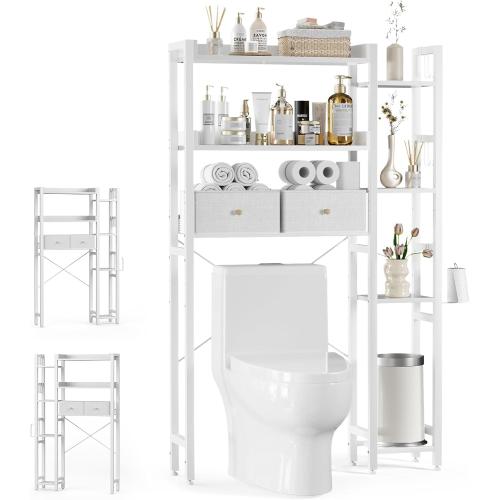 Housolution Over The Toilet Storage with 2 Drawers, 7 Tier Over Toilet Bathroom Organizer with Height Adjustable Shelves and Hooks, Space Saver Above Toilet Rack for Bathroom/Restroom/Laundry, White