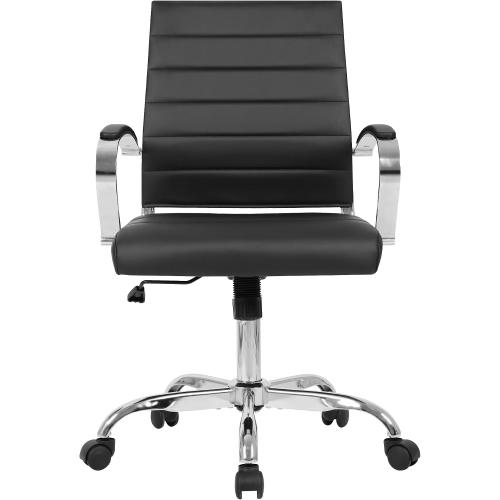 LANDSUN Home Office Chair Mid Back Desk Chair PU Leather Ribbed Executive Swivel Computer Chair with Wheels and Armrests Soft Padded Adjustable Height Conference Task Black
