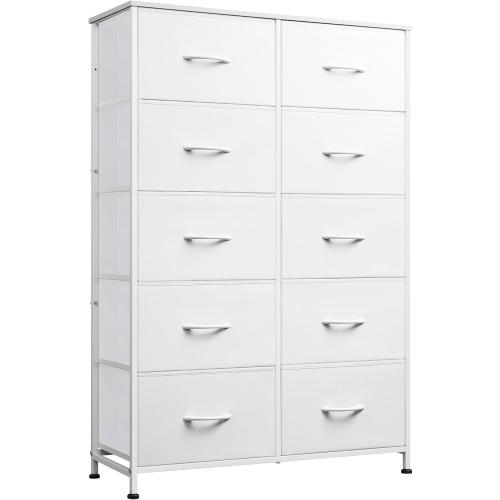 WLIVE Fabric Dresser for Bedroom with 10 Drawers, Tall Chest of Drawers, White Dressers Bedroom Furniture, Storage Organizer Unit with Bins for Closet, Hallway, Living Room, Entryway