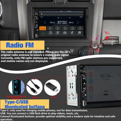Pyniro Universal Double Din Car Stereo with Wireless CarPlay & Android Auto, 7 HD Touch Screen Head Unit with Backup Camera/External Microphone, Car Radio Supports Bluetooth/SWC/FM/USB/RGB