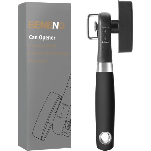Can Opener, Safe Side Cut Manual Can Opener with Durable Sharp Blade, Smooth Edge Cutting, Effortless Big Knob, Comfortable Grip Handle, Black