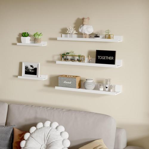 Giftgarden 24 Inch Wall Mounted Floating Shelves Set of 5, White Wood Wall Shelves for Bathroom, Bedroom, Kitchen, Living Room Storage and Decoration, Wooden Picture Ledge