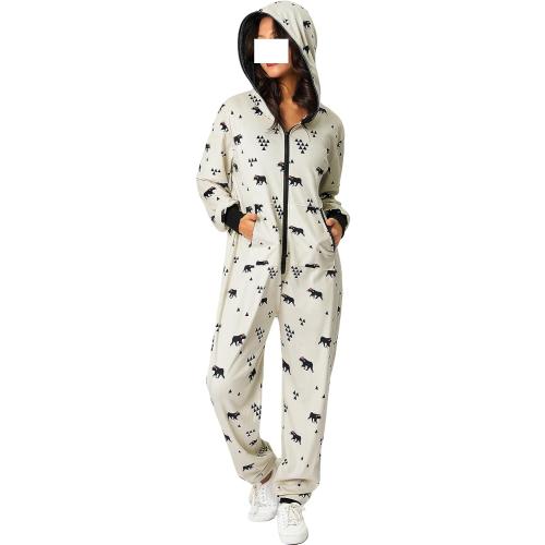 KMBANGI Women Christmas One Piece Pjs Hooded Fleece Jumpsuit with Pocket Zipper Romper Printed Pajamas Holiday Sleepwears size medium