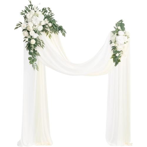 Ling's moment Artificial Wedding Arch Flowers Kit Pack of 4, 2pcs Hanging Silk Flowers Arrangement 2pcs Chiffon Drapes Ceremony Spring Fake Rose Arbor Backdrop White Sage Floral Party Outdoor Decor