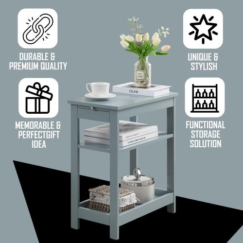 Kings Brand Furniture - Slim Wood Side End Table with Storage Shelves & Pull-Out Tray, Nightstand for Bedroom, Living Room, Ice Blue