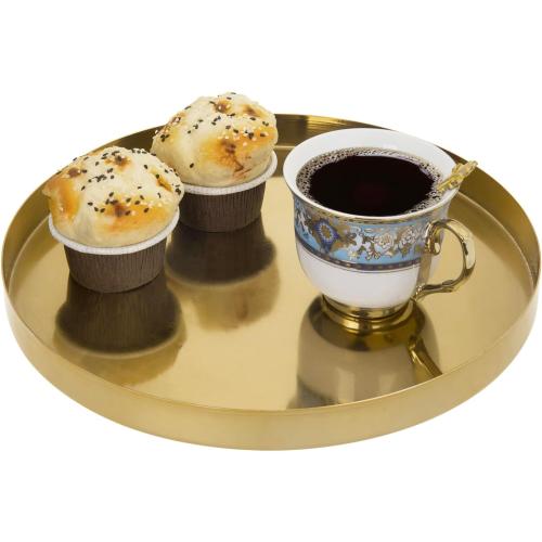 MyGift Brushed Brass Metal Decorative Tray, 11 inch Round Serving Tray - Handcrafted in India