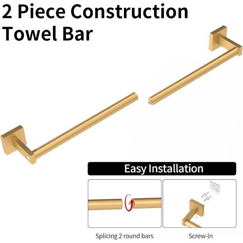 MKO Towel Bar for Bathroom, 24 Towel Racks for Bathroom Hanger Wall Mounted, Hand Towel Holder Rod with Metal for Kitchen Home, Gold 2 Pack