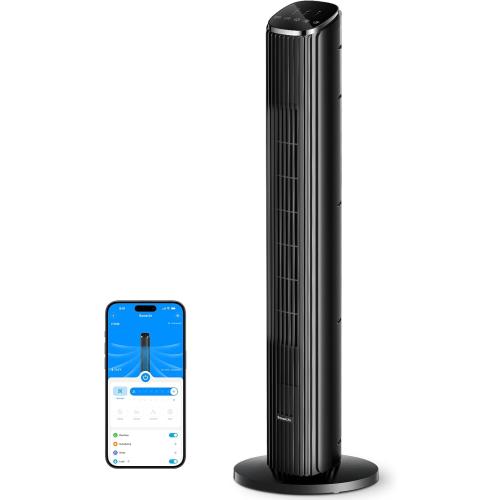 GoveeLife Black Tower Fan for Bedroom, 36 Smart Floor Fan with App/Voice Control, Temperature Sensor, 5 Modes 8 Speeds(25ft/s), 29dB Quiet Oscillating Fan for Office, 24H Timer, Auto Cooling