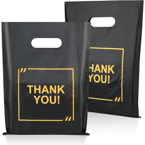 50 Pack Die Cut Plastic Shopping Bags with Thank You Logo 9x12 Merchandise Bags Extra Thick Glossy and Shopping Bags for Retail,Boutique Bags with Handles for Merchandise, Gifts, Trade Shows