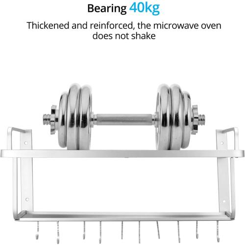 QWORK Microwave Oven Rack Shelf, Wall Mount Electric Oven Holders, Aluminum Double-Layer Microwave & Spice Rack, 2 Shelves with 10 Hooks, Support Load 88lbs, 21.65x15x9.84
