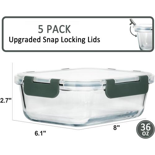 M MCIRCO 5 Pack 36 oz Glass Food Storage Containers with Lids,4.5 Cups,Gray