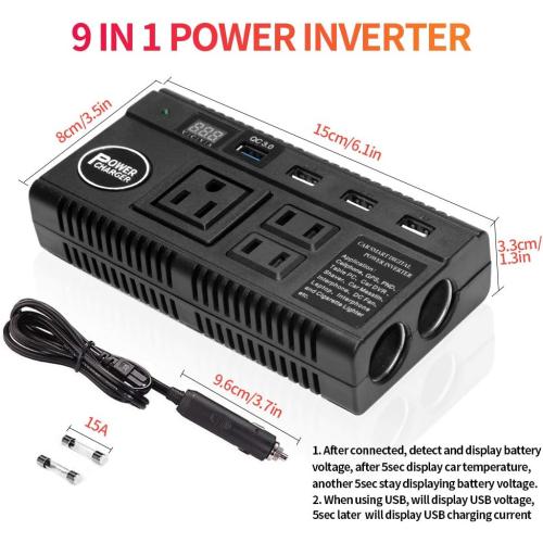 Car Power Inverter 120W 12V 24V DC to 110V AC 4 USB Ports Car Charger Adapter with 3 AC Outlets Dual Cigarette Lighter, Digital LED Display Quick Charging 3.0 for Phones Tablets PC Laptops (120W)