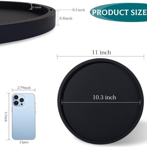 Silicone Bathroom Tray Round Vanity Tray Decorative Soap Holder Kitchen Countertop Organizer Coffee Table Decor for Candle, Perfume, Plant, 11 Inch, Black