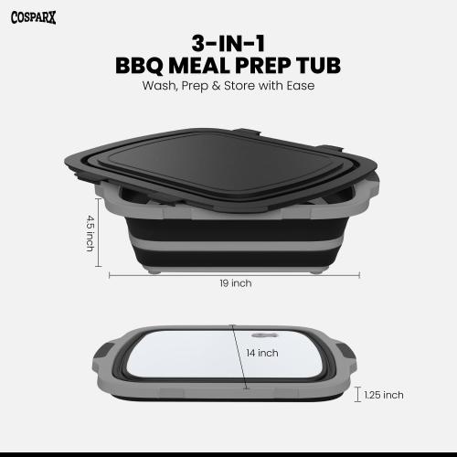 XL Collapsible BBQ Prep Tub with Cutting Board & Drain Plug – Portable Food Prep Station for Kitchen, Camping & Grill – Dishwasher Safe, Space-Saving Design – Heat-Resistant Glove Included (Black)