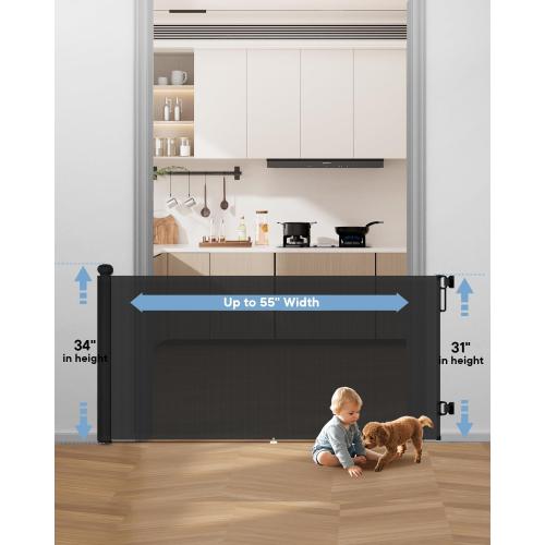 Retractable Baby Gate - 55 Wide Mesh Pet Gate with Anti-Crawling Hook, Safety Lock, One-Hand Operation, 34 Tall Baby Gate for Stairs, Doorways, Hallways, Garage, Indoor Outdoor, Black