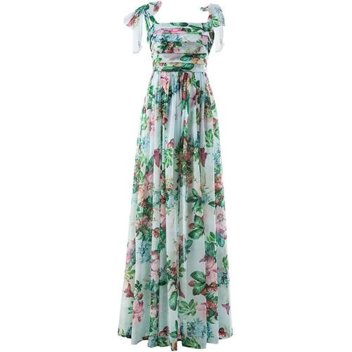 Women Size 12 Backless Flower Long Dress Bow Straps High Waist Pleated Beach Dress Chic Large Swing Sundress