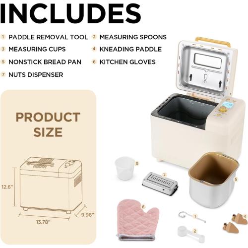 Neretva Bread Machine, 2.2LB 15-in-1 Bread Maker, Dual Heater Breadmaker Machine with Auto Nut Dispenser & Nonstick Ceramic Pan, Bread Maker Machine for Gluten Free, Dough Maker, Sourdough, Yogurt