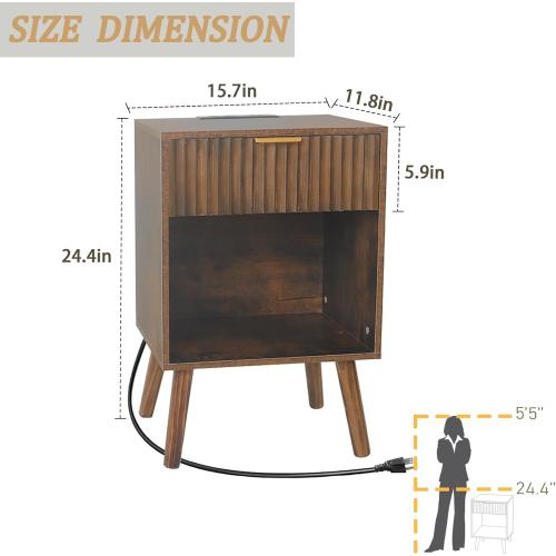Mid Century Modern Nightstand with Charging Station, Modern Bedside Table with Fluted Drawer and Storage Shelf, End Side Tables Living Room for Bedroom, Office (Rustic Brwon)