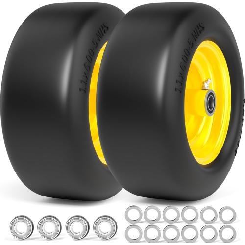 11x6.00-5 Lawn Mower Tires Flat Free, Zero Turn Mower Front Tires, 11x6-5 Solid Mower Wheel for Residential and Commercial, 3/4 and 5/8 Bearing, 6- 8 Center Hub, 2Pack Yellow, 400Lbs