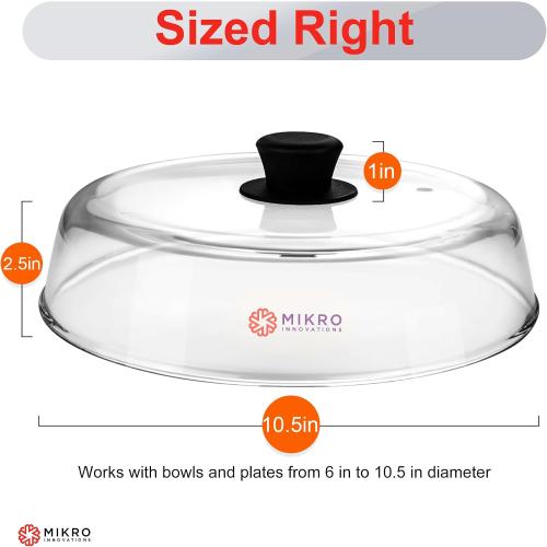 10.5-Inch Glass Microwave Splatter Cover – Borosilicate Glass Food Plate Splatter Guard with Vent Hole, BPA-Free, Easy-Grip Silicone Knob, Dishwasher Safe (1, Black, 10.5in)