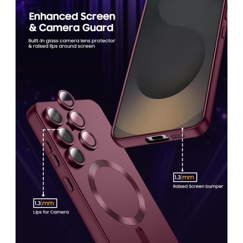 Magnetic for Samsung Galaxy S25 Plus Case [Compatible with MagSafe][Built-in Camera Lens Protector] Slim Soft Silicone Bumper Shockproof Metallic Luster Phone Shell (Burgundy)