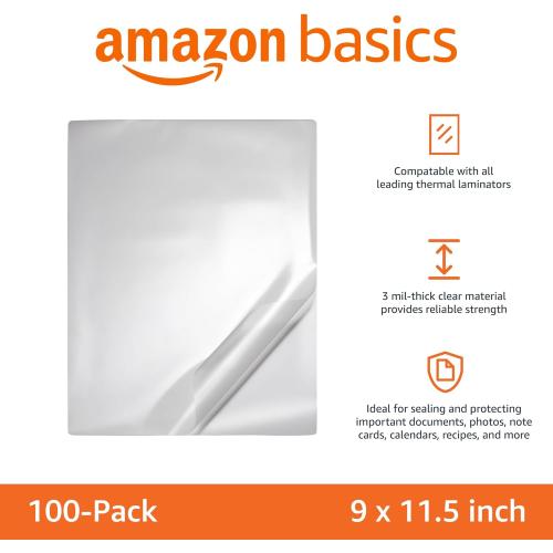 Amazon Basics Clear Thermal Laminating Plastic Paper Laminator Sheets, 3 mil, 11.5 x 9.0-Inch, 100-Pack