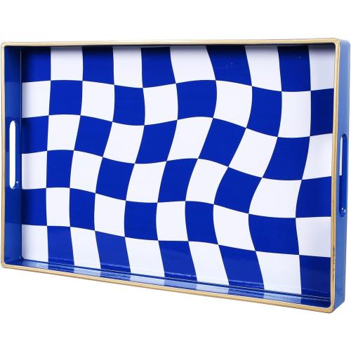 Zosenley Decorative Tray, Marbling Plastic Tray with Handles, Rectangular Vanity Tray and Serving Tray for Bathroom, Kitchen, Ottoman Tray and Coffee Table, 15.6 x 10.2 (Blue and White Checkered)