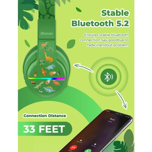 iClever BTH12 Kids Bluetooth Headphones,Colorful LED Lights Wireless Kids Headphones,74/85dBA Safe Volume,85H Playtime,Bluetooth 5.2,Over Ear Dinosaur Headphone Built-in Mic for iPad/Tablet/Airplane