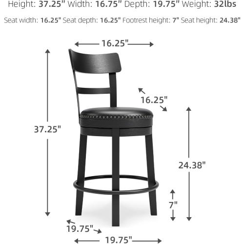 Signature Design by Ashley Valebeck Faux Leather Upholstered Swivel Barstool, Nailhead Trim, Solid Wood, 16.75 W x 19.75 D x 37.25 H, Antique Black