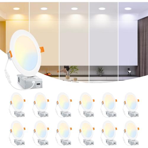 BesLowe 12 Packs 6 Inch 5CCT LED Recessed Ceiling Lights Ultra-Thin with Junction Box, 12W 150W Eqv, 3000K/3500K/4000K/5000K/6500K, 1200LM Dimmable Canless Downlights for Kitchen Hallway Dining Room