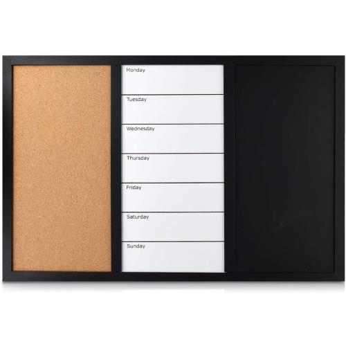 Navaris Combination Board Cork/Whiteboard/Chalkboard - 24 x 36 inches Combo Bulletin Magnetic Dry Erase Chalk Board Weekly Planner Message Organizer