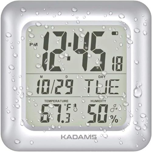 KADAMS Bathroom Clock 9.5 Kitchen Wall Clock with Large LCD Screen – Shower Clock with Suction Cup,Temperature, Humidity, Calendar – Water-Resistant, 4 Mounting Options, Silver