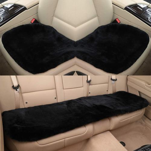 OGLAND Fuzzy Genuine Sheepskin Car Rear Seat Cover for Kids Dogs Pets Auto Bench Back Cushion Interior Accessories with Soft Fluffy Wool Natural Fur, Black