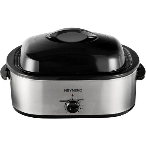 Large Roaster Oven with Self-Basting Lid, Electric Turkey Roaster Oven with Defrost & Warm Function, Adjustable Temperature, Removable Pan Rack, Stainless Steel, Silver