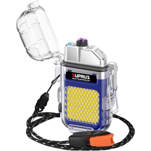 SUPRUS Waterproof 3 Modes of Flashlight Windproof Lighter Dual Arc Electric Rechargeable Dual Arc Plasma Lighter with Survival Emergency Whistle and Lanyard (Blue)