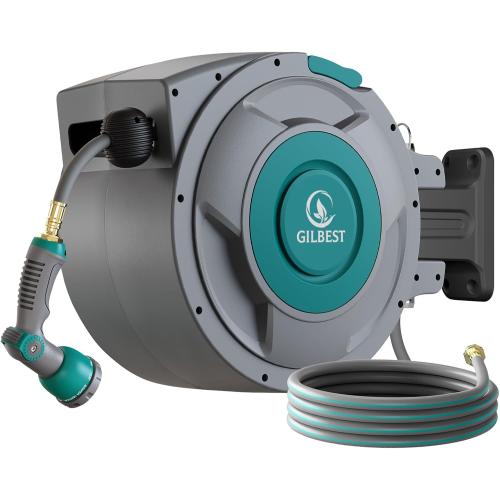 5/8 x 100 ft Retractable Garden Hose Reel, Heavy Duty Water Hose Reel | Any Length Lock, 180°Swivel, Wall Mounted Water Hose with 10-Function Nozzle for Cleaning, Watering (Green)