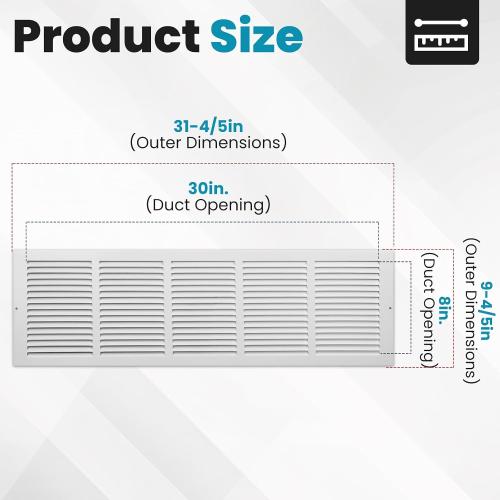 VOISEN Return Air Grille,Fits 30x8 Duct Opening,Steel Return Vent Cover, White Vent Cover Grill for Sidewall and Ceiling,HAVC Cold Air Return Vent Cover,Overall Size:31.8W X 9.8H