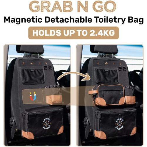 Living in a Bubble Seat back Organizer – Magnetic Toiletry and Cooler Pouch, Cordura Car Backseat Storage with Device Holder & Hooks, Multi-Compartment Utility Bag for Campervans & Family Travel