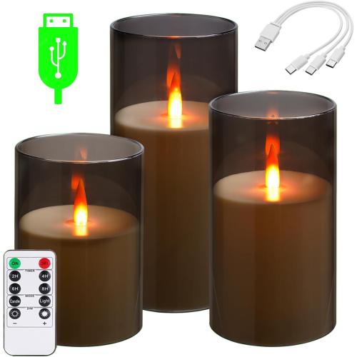 Da by Rechargeable Flameless Candle, Type-c Rechargeable Battery Candlewith Remote Control and Timer Function,Set of 3,can Last up to 240 Hours. A Wick Like a Flame. (Save 220 AA Batteries per Year).