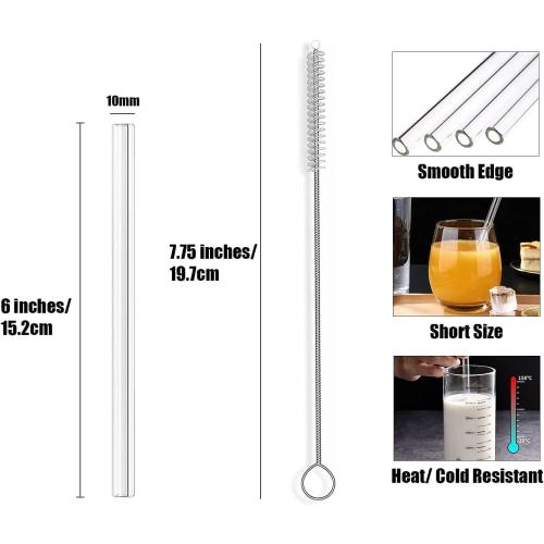 ALINK Short Glass Straws, 6 in x 10 mm Clear Straws for Cocktails, Whiskey, Coffee, Pack of 8 with Cleaning Brush