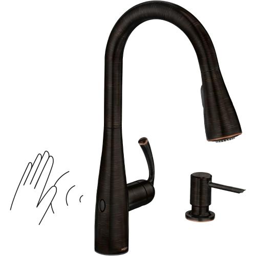Moen Essie Mediterranean Bronze MotionSense Wave One-Handle Touchless Kitchen Faucet with Pulldown Sprayer and Soap Dispenser, 87014EWBRB