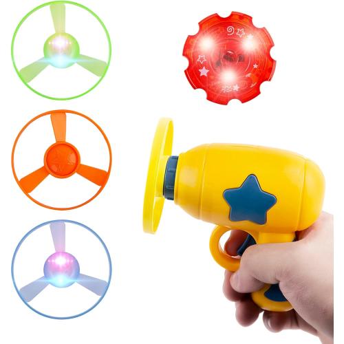 Berry President Flying Saucer Toy, Flying Disc Launch Playset with Rotating Flash Light, Indoor Outdoor Twist Shoot Toy for Kids Aged 3 Years Old & Up (Yellow)