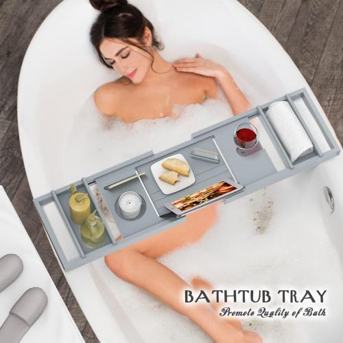 Bath Caddy Tray for Bathtub - Bamboo Adjustable Organizer Tray for Bathroom with Soap Dish Suitable for Luxury Spa or Reading(Bluish Grey)