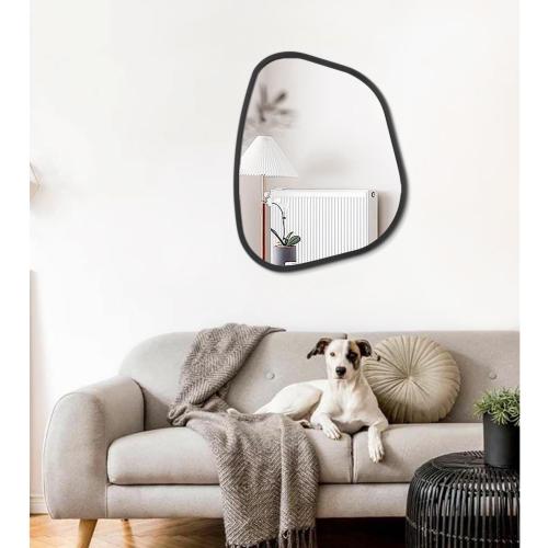Black Asymmetrical Wall Mirror Large 20x16 Irregular Oval Mirror Modern Wood Frame Unique Shape Wall Mounted Vanity Artistic Mirrors Decorative for Living Room Bedroom Bathroom Hallway