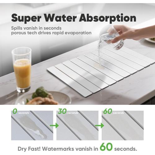 Stone Dish Drying Mat for Kitchen Counter - 24 x 16 Ultra Absorbent Diatomaceous Earth Mat, Fast Drying & Foldable Countertop Protector, Non-Slip Eco-Friendly Stone Mat for Dishes
