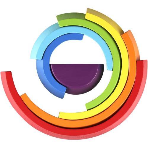 Coogam Wooden Rainbow Stacker Nesting Puzzle Blocks - Tunnel Stacking Game Building Creative Color Shape Matching Jigsaw Learning Toy Set Board Early Development Gift for Kids Boy Girl